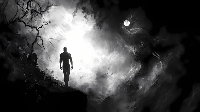 Enigmatic and symbolic shadows in infernal illumination. Infernal. Illustration