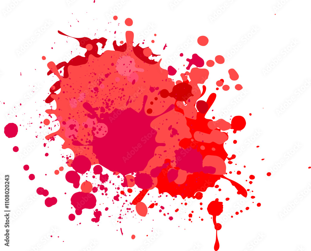 Poster red and pink paint is splattered across a white background, creating an abstract design with drips a