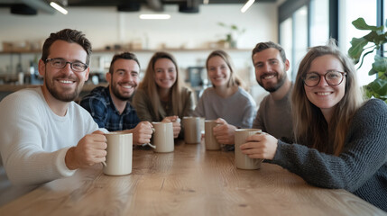 Startup Team Enjoying Coffee Mugs During Casual Breakfast Meeting