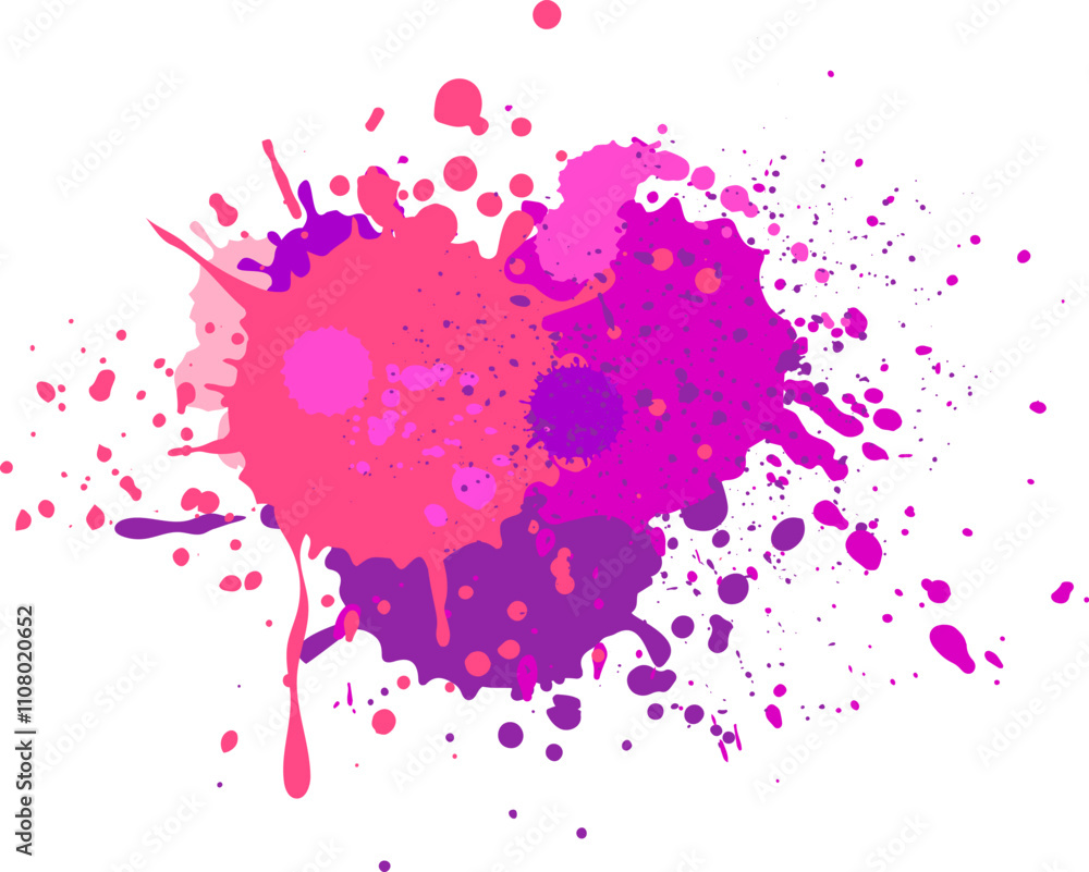 Poster vibrant pink and purple paint splashes and splatters creating an energetic and dynamic abstract desi