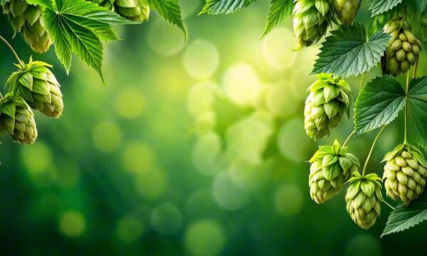 Fresh green hops hanging on vines with a dreamy bokeh background in a lush garden