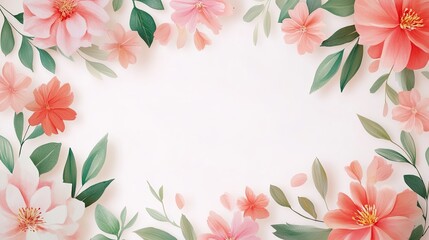 Fototapeta premium A beautiful floral border featuring soft pink flowers and green leaves, perfect for invitations and seasonal designs.