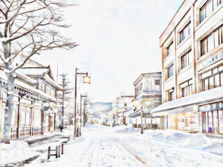 Fototapeta premium 冬の日本の街並み イラスト