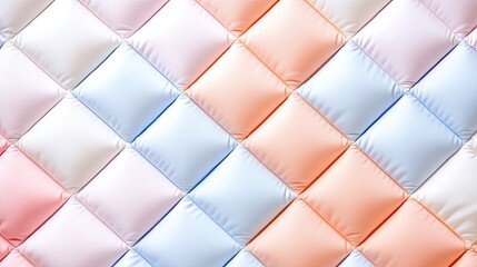 Obraz premium A colorful quilted fabric in pastel shades of blue, pink, and peach. Perfect for soft and cozy interior designs.