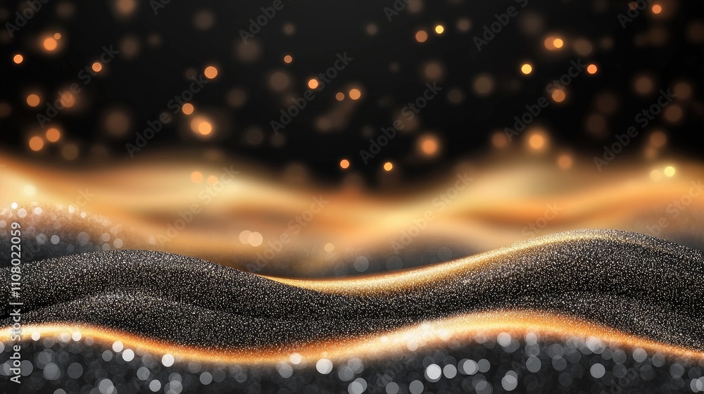 Poster a mesmerizing wave of golden particles shimmering on a dark background, creating a stunning and eleg