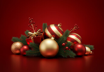 A bunch of christmas balls and decos on a red background