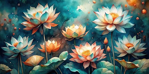 Naklejka premium Watercolor Lotus Flowers Teal and Orange Abstract Composition, Floral Art, Botanical Painting Lotus flower, Watercolor painting