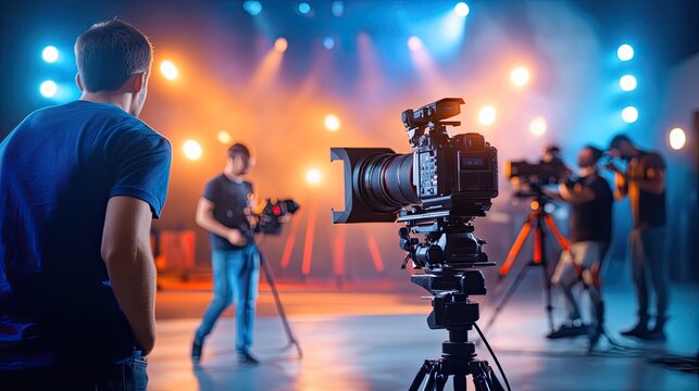 A professional filming setup with cameras and crew under vibrant stage lights, showcasing modern cinematography techniques.