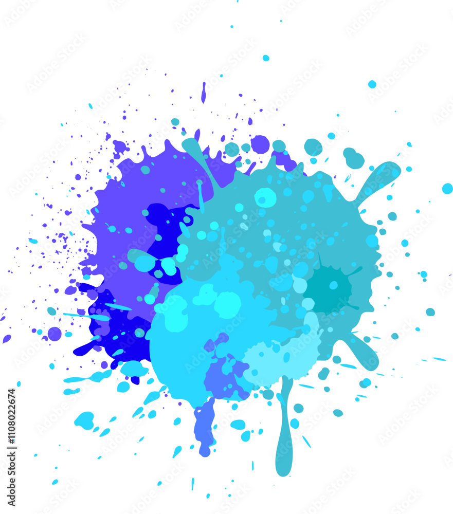 Poster bright blue and purple paint splatters creating a vibrant and dynamic abstract design on a clean whi