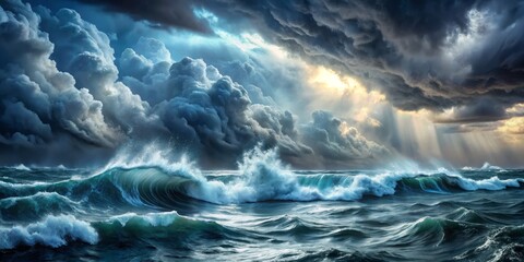 Stormy Seascape Dramatic Composition of Ocean Waves and Dark Clouds, Digital Art, Nature Photography, Seascape Ocean, Waves