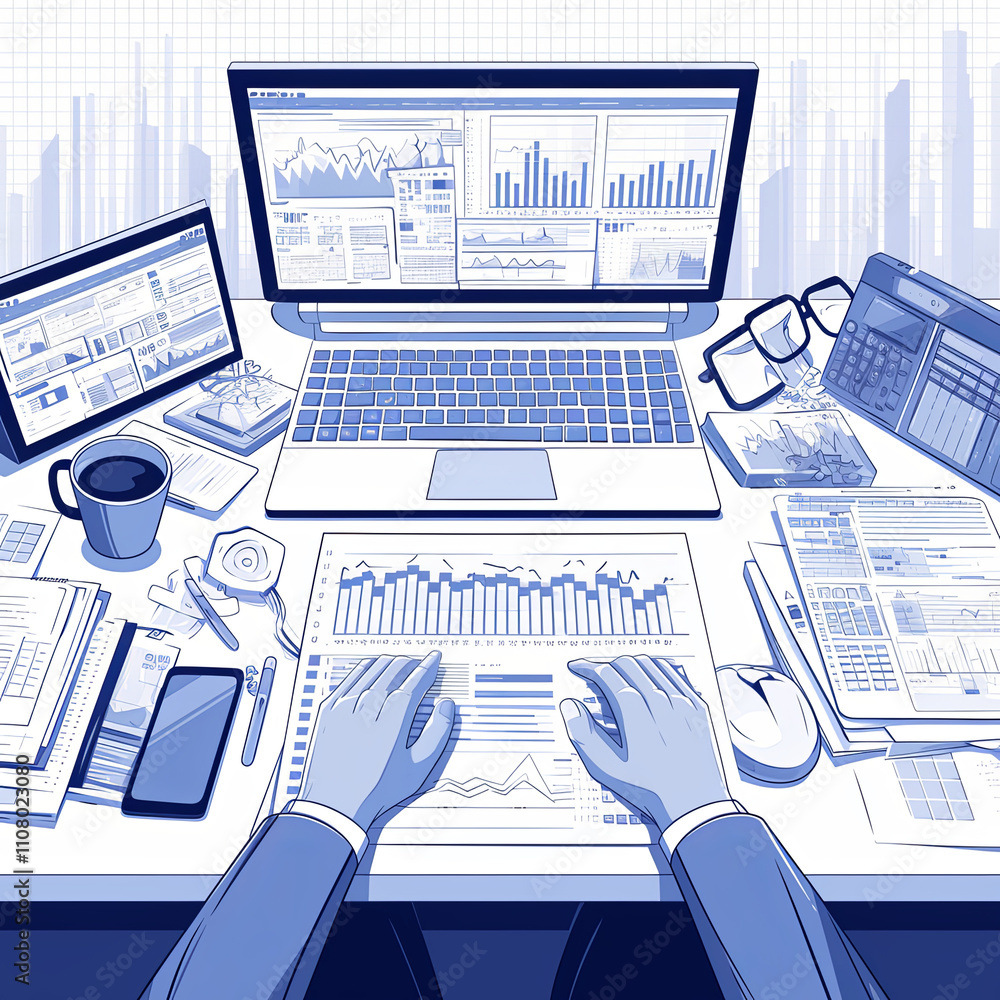 Poster businessman analyzing data charts on multiple computer screens at office desk