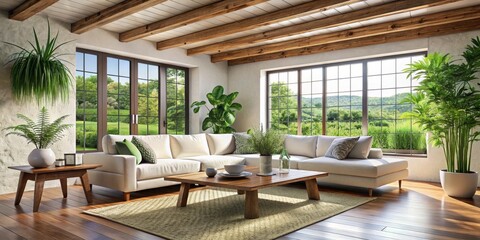 Fototapeta premium Sectional Sofa in Rustic Living Room with Natural Light, Wooden Beams, Plants. Interior Design, Home Decor Interior Design, Rustic Style