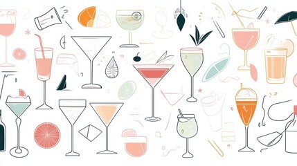 Illustration of minimalist cocktails modern bar line art collection millennial gray artsy environment aesthetic concept for design lovers