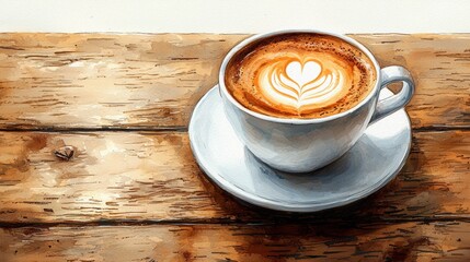 Cup of latte art on rustic wooden table in top view shot