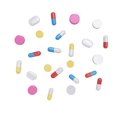 Set of colorful pills and capsules isolated on transparent background. 3d render. PNG. Tablets, medicine concept. 3D rendering, ui, ux. Pills. Health