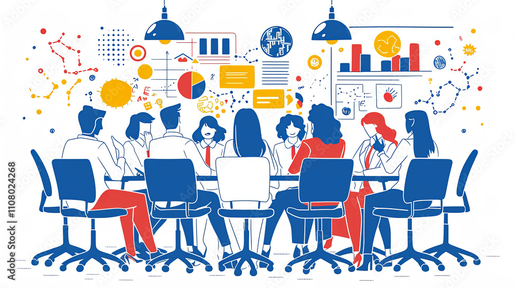 Poster diverse business team collaborating on project in a modern office setting
