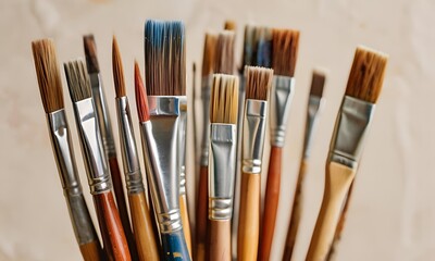 Fototapeta premium Neatly Arranged Paintbrushes on a light, textured background