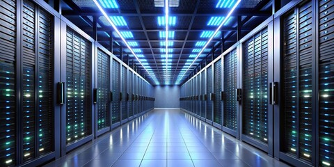 Obraz premium Illuminated Server Room Rows of Racks, Blue Lighting, Data Center Concept, Server Farm Data center, server infrastructure