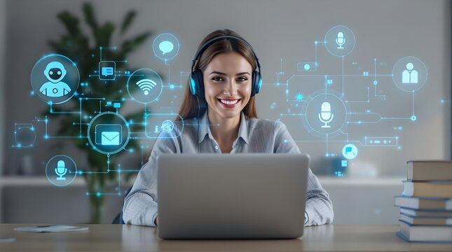 Woman Engaging in Virtual Communication with Holographic Interface
