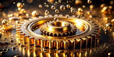 Obraz premium Golden Gears and Oil Droplets Macro Photography of Interlocking Components, Precision Engineering, Luxury Concept Keywords Machinery, Lubrication