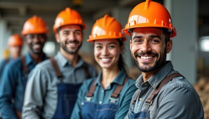 Construction workers smile on site. Diverse team members in safety gear show positivity, teamwork. Ready for work on project. Hardworking team looks happy, pro. Manual labor industrial job. Builders