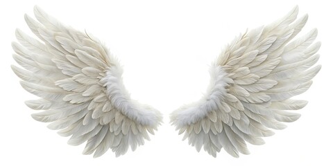 Fototapeta premium Cream Angel Wings Symmetrical Feather Composition, White Background, Freedom Concept Angel wings, feather, white, symmetry