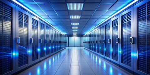 Fototapeta premium Blue-Lit Server Room Corridor Digital Rendering, Data Center, Technology, Server Racks Data Center, Cloud Computing