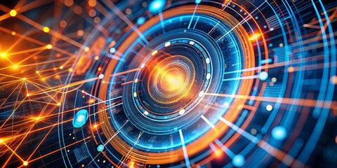 Obraz premium Abstract Digital Network Circular Composition, Blue and Orange Hues, Technology Concept, Network, Digital Digital art, Abstract background
