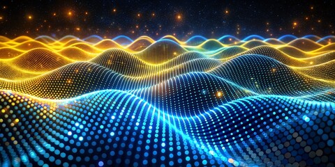 Obraz premium Abstract Blue and Gold Waveform Glowing Particle Composition, Digital Art Abstract, Particle Effect
