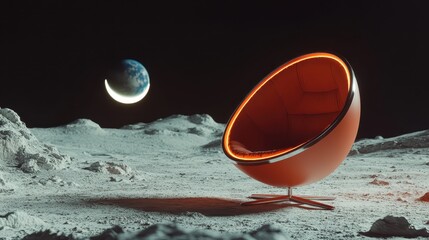 A futuristic orange pod chair is elegantly positioned on a moon-like surface, with a crescent Earth visible in the distance, creating a surreal astronomical setting.