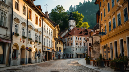 Fototapeta premium The old city center of �kofja Loka, Slovenia, featured in a European travel photo