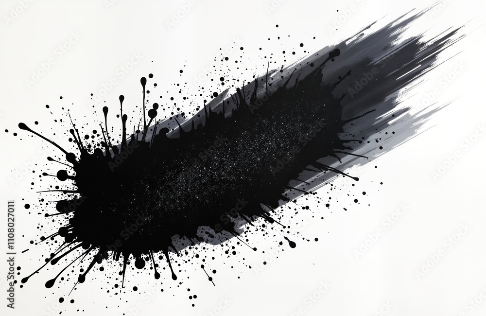 Poster Abstract black paint splatter with glitter texture forms elongated dynamic shape on white background. Creative design suitable for modern art graphic projects. Looks like explosion burst of ink