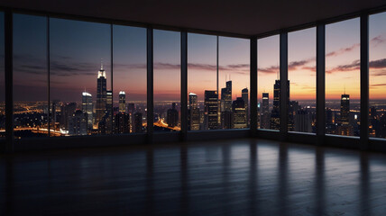 Fototapeta premium Empty room with a panoramic view of a modern city skyline at sunset, reflecting a serene atmosphere with city lights.