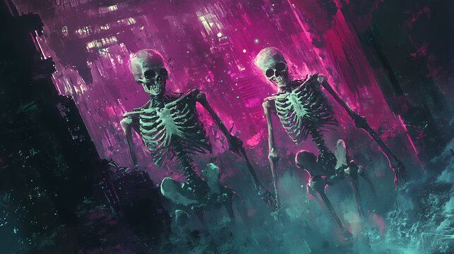 Skeletal figures in macabre scene, unnerving details, spectral glow, cyberpunk style, high detail, digital painting. Spectral. Illustration