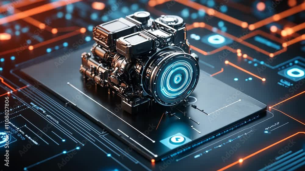 Poster advanced camera technology on a digital interface showcasing intricate circuit designs and glowing e