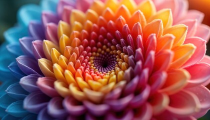 Close-up view colorful flower. Many colors spiral pattern. Vivid flower petals. Nature beauty. Detailed macro photo. Floral design. Rainbow flower. Nature. Colorful design. Flower macro. Pattern.