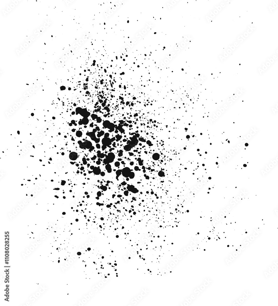 Poster black ink splattering on white background, creating abstract design with dots and splashes of variou
