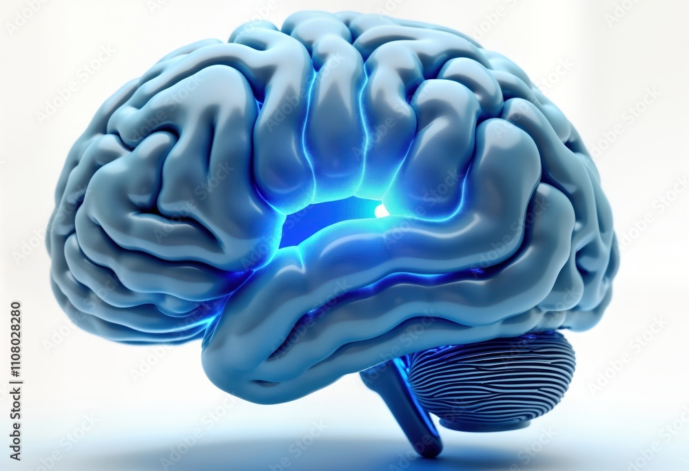 Poster Detailed illustration of human brain displaying intelligent thinking process. Modern tech concept featuring neural network of big data, artificial intelligence. Brain highlighted with glowing blue