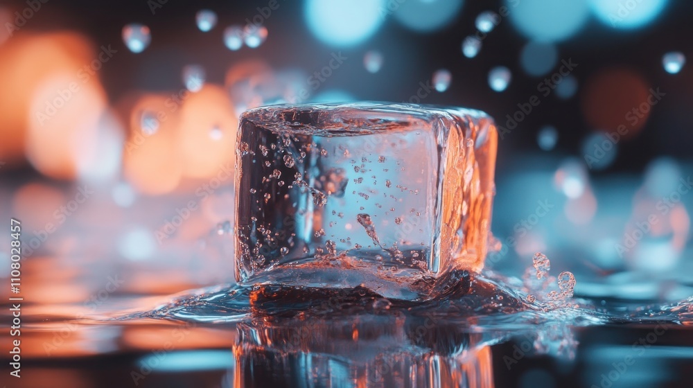 Poster clear ice cube in water with bokeh background