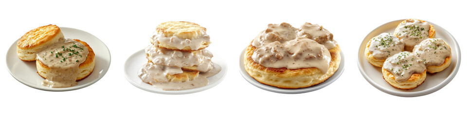 Biscuits and gravy isolated on transparent background, Set of