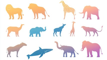 Obraz premium Silhouettes of diverse animals in millennial gray artistic illustration nature scene high-fidelity outlines vibrant gradient colors