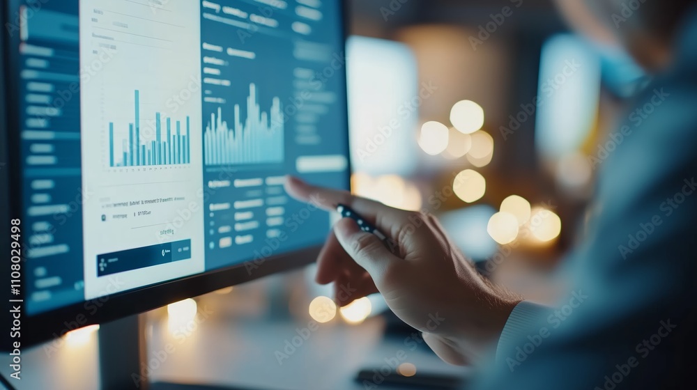 Poster data analysis in a modern office environment with graphs and charts displayed on a computer screen
