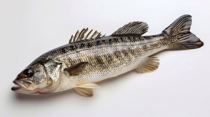 Fototapeta premium A fresh sea bass with slick scales rests on a clean surface, perfect for cooking
