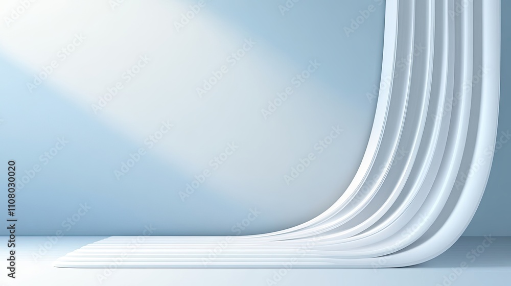 Poster minimalist white background with flowing curves and soft light, perfect for showcasing products or c
