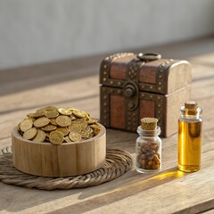 Gold coins, frankincense, and myrrh in wooden bowls with dropper bottle