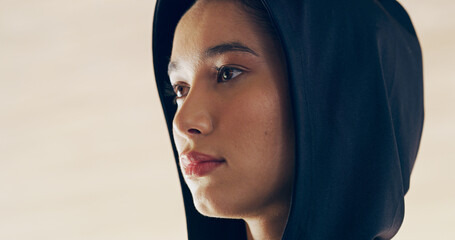 Fitness, thinking and athlete in hoodie for sport, workout ideas and planning future closeup....