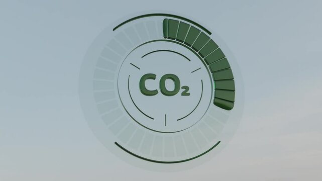 Carbon reduction CO2 emission graphic. Big green dial indicating eco-friendly renewable energy sources. Environmental conservation symbol.