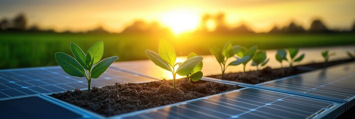 Young plants grow beside solar panels in sunlight. Eco friendly farming, sustainable energy combined. New agri tech methods for clean energy. Sunlight shines on young growth. Green leaves nurture