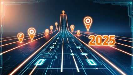 AI GENERATE background new year 2025, A digital roadmap with milestones leading up to 2025, featuring holographic elements.