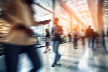 A motion-blurred image of a shopping center, conveying an atmosphere of dynamics and activity in city life and shopping